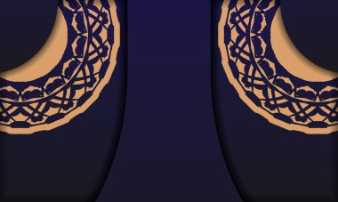 Eski süslemelerle birlikte baskıya hazır kartpostal tasarımı. Lüks süslemeli mavi pankart şablonu ve metin için yer.