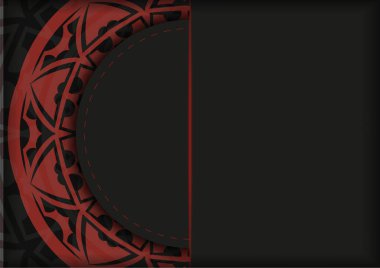 Kartpostal tasarımını soyut süs eşyasıyla birlikte siyah-kırmızı renkte basmaya hazır hale getirmek. Metin ve vintage desenleriniz için boşluk ile davet şablonu.