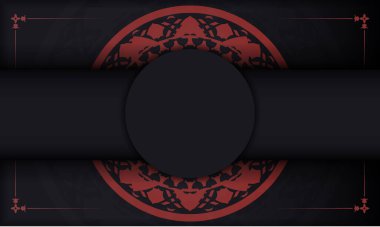 Yunan desenli kartpostal tasarımı şablonu. Lüks süslemelerle siyah-kırmızı pankart şablonu ve logo ve metin için yer.