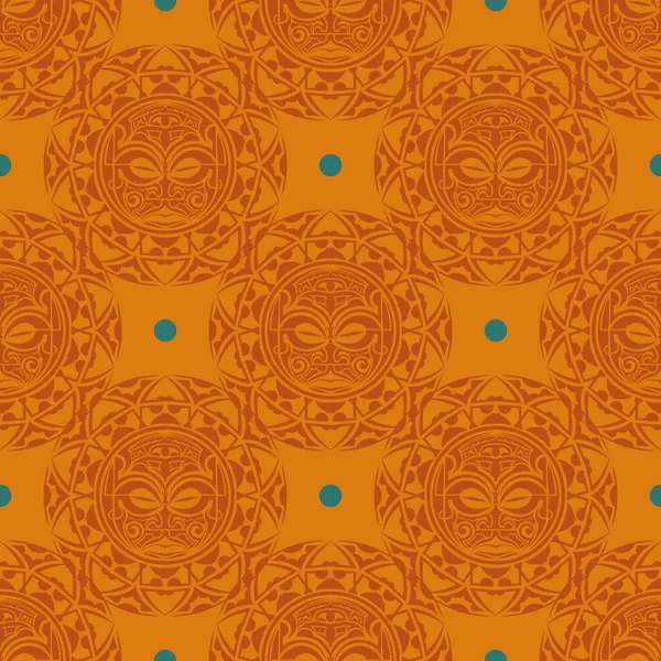 Orangefarbenes Nahtloses Muster Mit Masken Der Polynesischen Stämme — Stockvektor