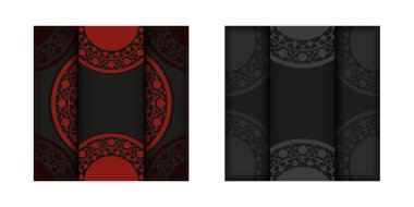 Yazdırma tasarım kartpostalları için şablon. Siyah-kırmızı renkli ve lüks desenli..