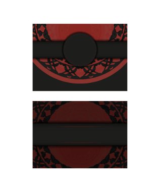 Baskı tasarım kartpostallarının şablonu. Siyah-kırmızı renkli ve lüks desenli. Metin ve vintage süslemeniz için davetiye hazırlama.