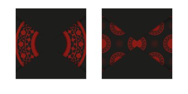 Baskı tasarım kartpostallarının şablonu. Siyah-kırmızı renkli ve lüks desenli. Metin ve klasik süsler için bir yer içeren bir davet hazırlanıyor.