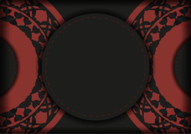 Vektör, lüks desenli, siyah kırmızı renkli kartpostal tasarımını basmaya hazır. Metin ve vintage süslemeleriniz için yer içeren davet kartı şablonu.