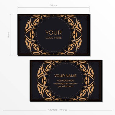 Kartvizitlerin turuncu süslemeli siyah baskı şablonu. Metinleriniz ve soyut kalıplarınız için bir yer içeren kartvizitler hazırlanıyor.