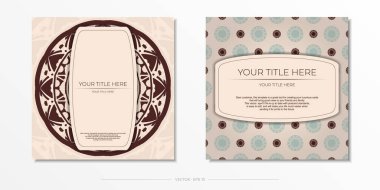 Metnin ve soyut süsün için davetiye kartı şablonu. Bej renkli ve mandala desenli bir kartpostalın hazır-yazdırma tasarımı.