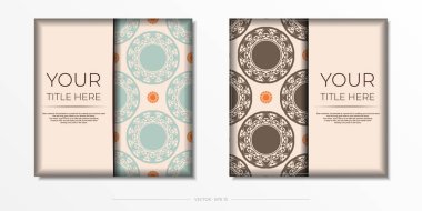 Bej renkli ve mandala desenli lüks vektör kartı tasarımı. Metnin ve soyut süsün için boşluk içeren davetiye kartı tasarımı.