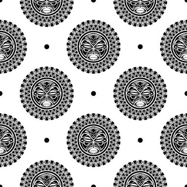 Kusursuz Hawaii tiki maskeleri. İdoller, Maya antik kültürü, geleneksel yerli semboller, antik maori tanrıları..