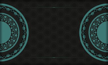 Yunanca mavi süslemeli siyah pankart şablonu ve metin için yer. Soyut süslemeli, baskıya hazır kartpostal tasarımı.