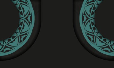 Soyut süslemeli kartpostal tasarımı. Yunan mavisi eski süslemeleri olan siyah arkaplan ve logo ve metin için yer.