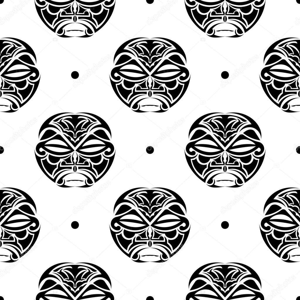 Patrón sin costuras máscaras tiki hawaianas. Idols cabezas, cultura