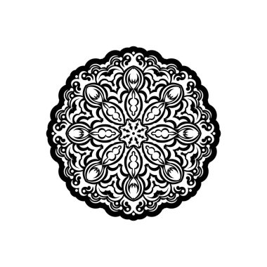 Yetişkinler için modern boyama kitabı, gömlek tasarımı veya dövme için çiçek unsurlarıyla süslü yuvarlak desenli süslemeler. El çizimi zen karalama arkaplanı