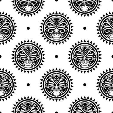 Kusursuz Hawaii tiki maskeleri. İdoller, Maya antik kültürü, geleneksel yerli semboller, antik maori tanrıları..