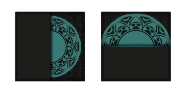 Metnin ve soyut süsün için davetiye kartının vektör hazırlığı. Şatafatlı, hazır kartpostal tasarımı siyah ve mavi desenli..