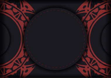 Metnin ve soyut süsün için vektör kartviziti hazırlama. Kırmızı Yunan desenli siyah kart tasarımı.