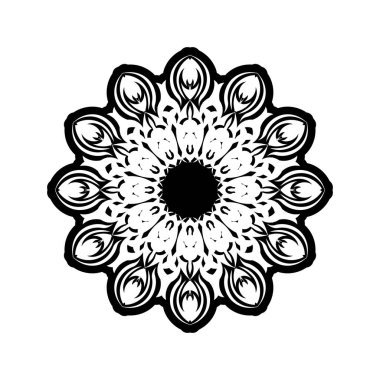 Yetişkinler için modern boyama kitabı, gömlek tasarımı veya dövme için çiçek unsurlarıyla süslü yuvarlak desenli süslemeler. El çizimi zen karalama arkaplanı