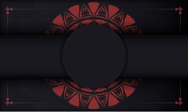 Soyut süslemeli vektör baskıya hazır kartpostal tasarımı. Logon için Yunan kırmızı süslemeleri olan siyah şablon afişi.