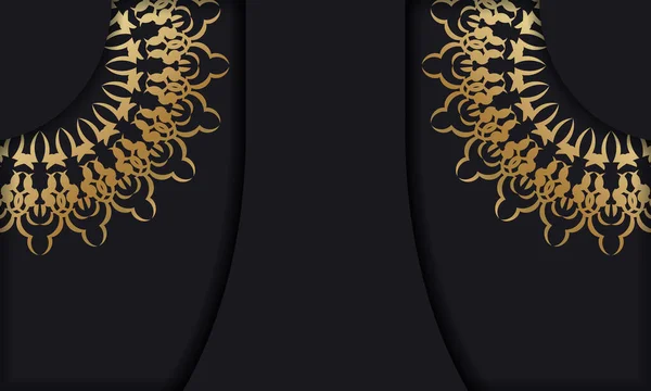 Zwarte Kleur Banner Sjabloon Met Gouden Luxe Ornament — Stockvector