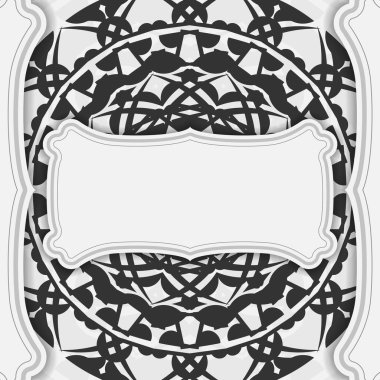 Vektör tasarımı, siyah mandala süslemeli beyaz renkler. Metinleriniz ve Yunanca kalıplarınız için boşluk içeren davetiye kartı tasarımı.