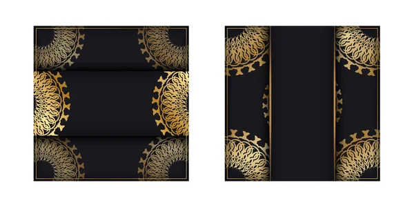 Folleto Felicitación Plantilla Color Negro Con Patrón Mandala Oro — Vector de stock