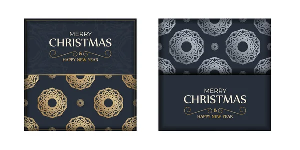Brochure Merry Christmas Happy New Year Dark Blue Vintage Gold — Stock Vector