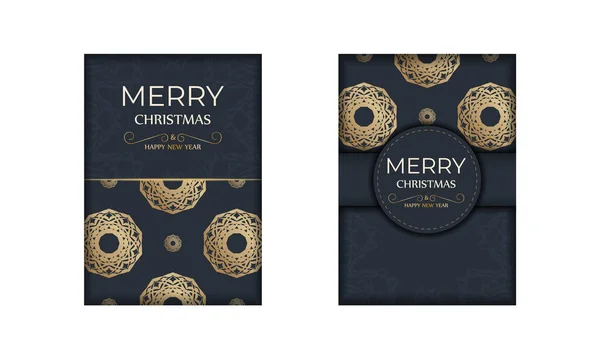 Брошюра Счастливого Рождества Нового Года Темно Синем Цвете Золотыми Орнаментами — стоковый вектор