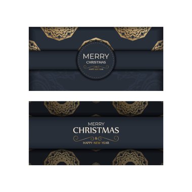 Mutlu yeni yıl kartları koyu mavi renkli ve klasik altın süslemeli.