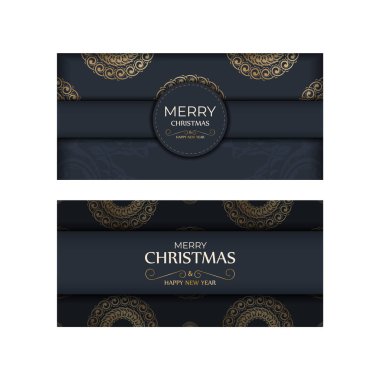 Mutlu yeni yıl kartları koyu mavi renkli ve klasik altın süslemeli.