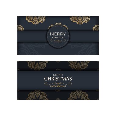 Mutlu noeller ve mutlu yeni yıllar. Eski süslemeli koyu mavi broşür.