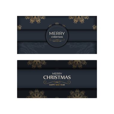 Mutlu noeller ve mutlu yeni yıl broşürleri koyu mavi renkli ve klasik altın süslemeli