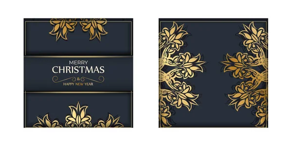 Volantino Buon Natale Colore Blu Scuro Con Ornamento Astratto Oro — Vettoriale Stock