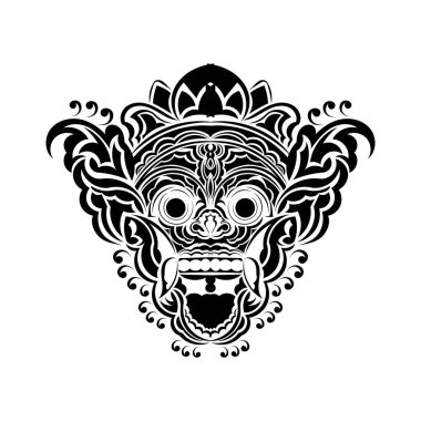 Vektör illüstrasyonu, geleneksel bir Bali Barong Maskesi taslağı, tişört baskısı olarak kullanılabilir..