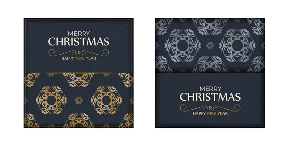 Dark Blue Happy New Year Brochure Template Vintage Gold Pattern — Stock Vector