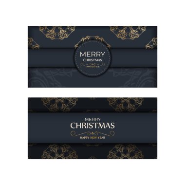 Mutlu noeller ve mutlu yeni yıl broşürleri koyu mavi renkli ve klasik altın desenli