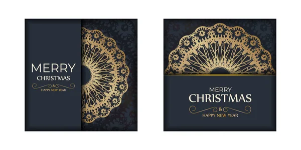 Holiday Card Merry Christmas Dark Blue Winter Gold Pattern — Stock Vector