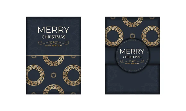 Шаблон Открытки Счастливого Рождества Темно Синем Цвете Винтажным Золотым Орнаментом — стоковый вектор