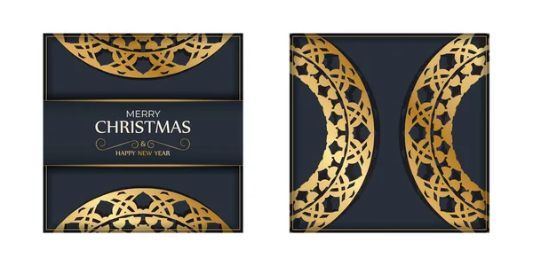 Postcard Template Merry Christmas Dark Blue Color Vintage Gold Pattern — Stock Vector
