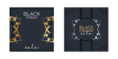 Kara Cuma için şablon posteri koyu mavi ve lüks altın süslemeleri var.