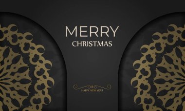 Bayram kartı. Mutlu yıllar. Kışlık turuncu süslemeli siyah bir renk.