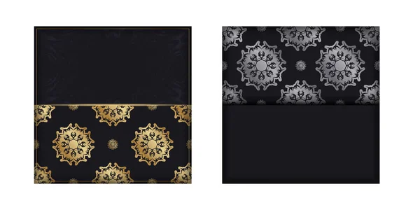 Folleto Felicitación Negro Con Mandala Patrón Dorado Para Diseño — Vector de stock