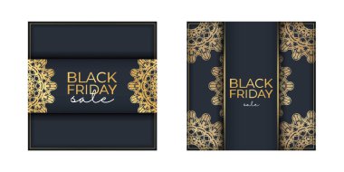 Kara Cuma satışları için reklam. Koyu mavi, yuvarlak altın süslemeli.