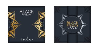 Kara Cuma indirimi için şenlikli bayrak. Yuvarlak altın desenli koyu mavi.