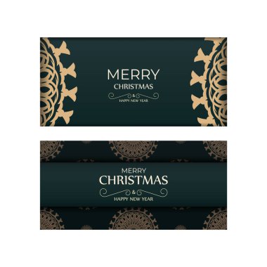 Kutlama kartı Mutlu Noeller ve mutlu yeni yıllar koyu yeşil renkli ve lüks sarı süslemeli