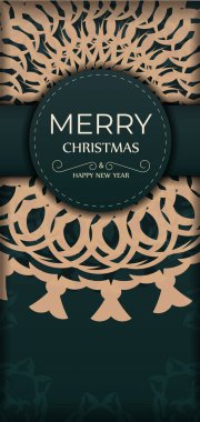 Koyu yeşil renkli ve soyut sarı desenli mutlu noel kartları.