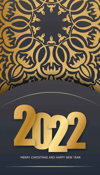 2022 Buon Natale Nero Biglietto Auguri Con Vintage Gold Pattern — Vettoriale Stock