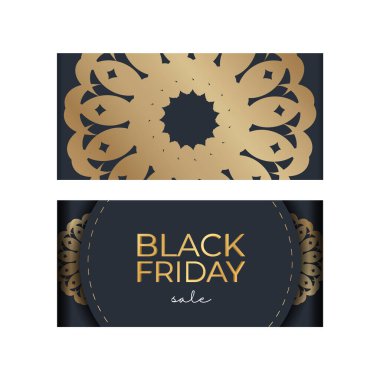 Koyu mavi Cuma indirimli tatil afişi. Üzerinde soyut altın süslemeler var.