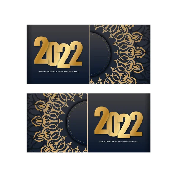 2022豪華な金の装飾が施された黒で幸せな新年の休日のチラシ — ストックベクタ