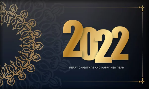 Briefkaart Sjabloon 2022 Vrolijk Kerstfeest Zwart Met Winter Goud Patroon — Stockvector