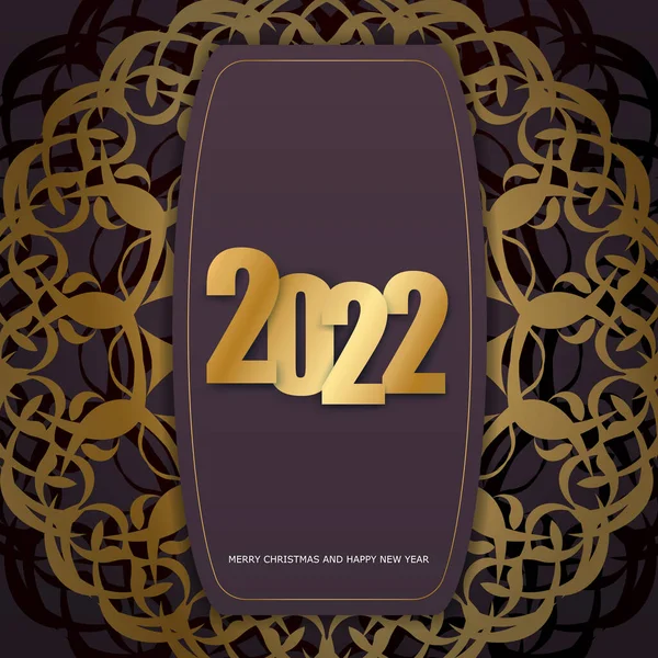 2022 Праздничная Открытка Веселого Рождественского Бордового Цвета Зимним Золотым Орнаментом — стоковый вектор