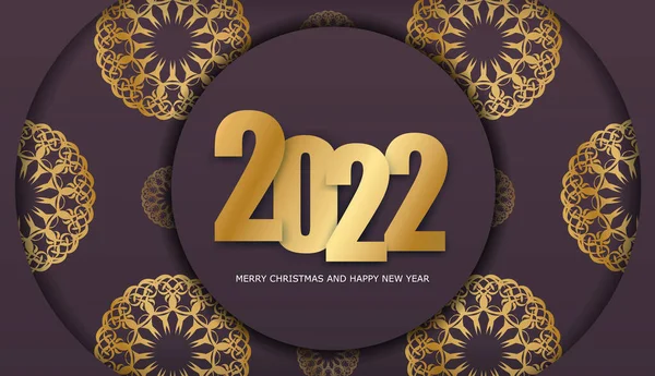 Шаблон Открытки 2022 Рождеством Бургундского Цвета Зимним Золотым Орнаментом — стоковый вектор